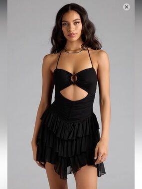 Windsor Sweet But Spicy Halter Cutout O-Ring Ruffle Mini Skater Dress Black XS